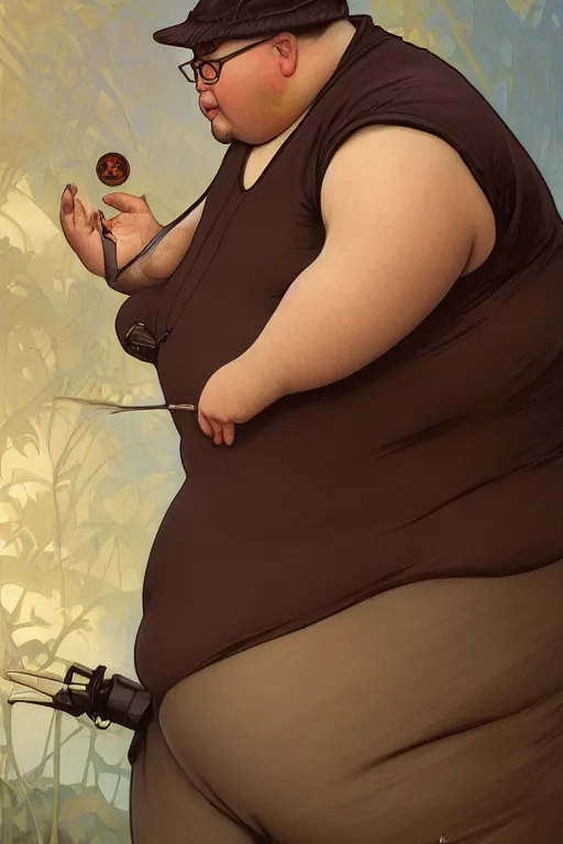 Image similar to portrait of the nostalgia critic as a pathetically weak chubby man, forest, full body, obese, fantasy, intricate, elegant, highly detailed, digital painting, artstation, concept art, sharp focus, illustration, art by artgerm and greg rutkowski and alphonse mucha