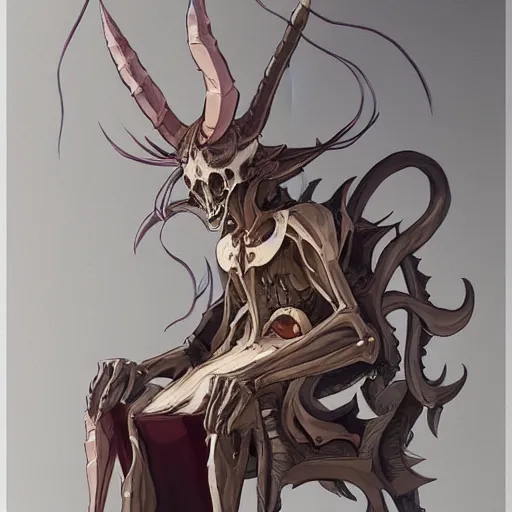 Prompt: concept art painting of a dragonlike anthropomorphic humanoid creature with a long dragon neck and horned skull mask, sitting on a throne, anime style, detailed, cel shaded, in the style of makoto shinkai and greg rutkowski and studio ghibli and moebius