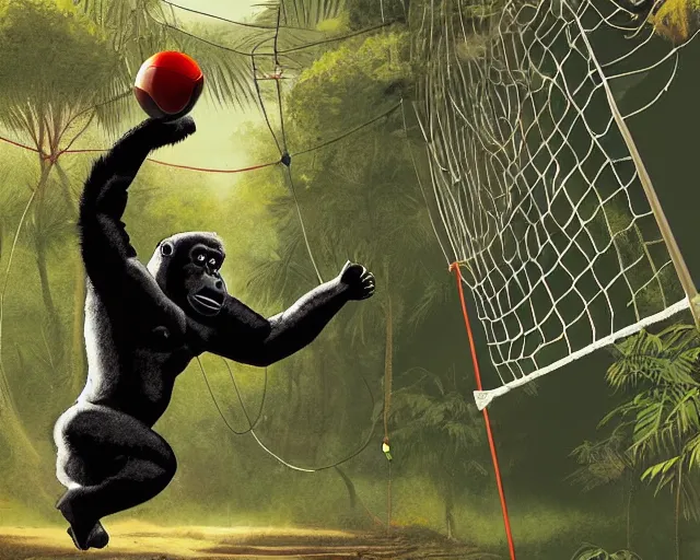 Image similar to a gorilla holding a volleyball and playing volleyball in a jungle, volleyball net, digital illustration, in the style of greg rutkowski, high detail