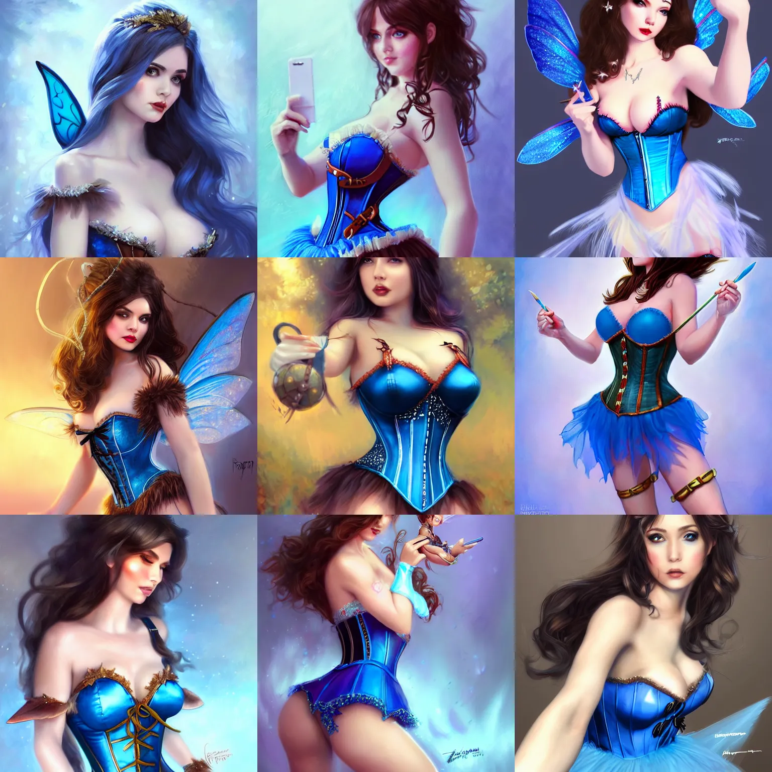 Prompt: brunette fairy woman, wearing blue corset and tutu, selfie shot angle, d & d, fantasy, highly detailed, digital painting, trending on artstation, concept art, sharp focus, illustration, art by artgerm and rosstran