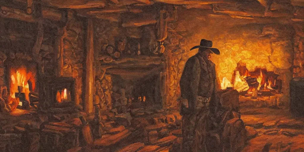 Prompt: in an old west cabin, a lonely, rugged cowboy stands at his fireplace, in the style of Fredrick Remington, oil painting