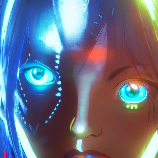 Image similar to anime cyberpunk movie still animatrix, small female android cyborg - angel, glowing red left eye and glowing blue right eye, cinematic lighting, advanced digital cyberpunk art, wlop, rossdraws sakimimichan, ilya kuvshinov, krenz cushart, greg rutkowski - c 1 5