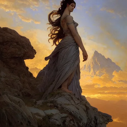 Image similar to an ultradetailed colossal magnificent mountain sized sculpture of an elegant woman, fine detail, sunrise on the horizon in the background, stone hand raised up, 8 k, art by greg rutkowski and alphonse mucha and andreas rocha and albert bierstadt