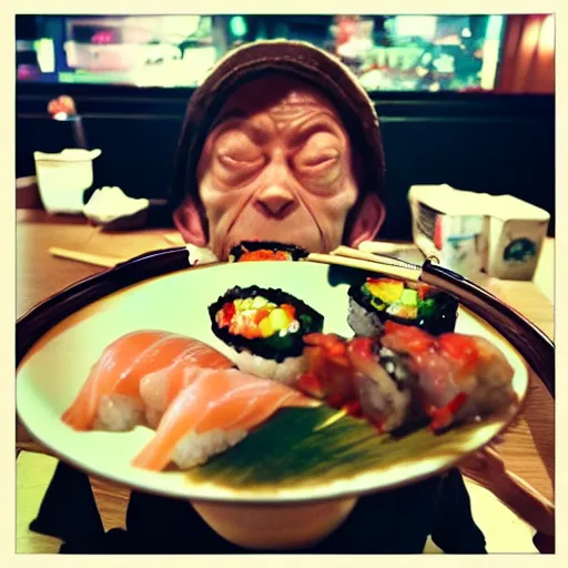 Prompt: Gollum eating sushi, go pro 360 footage air