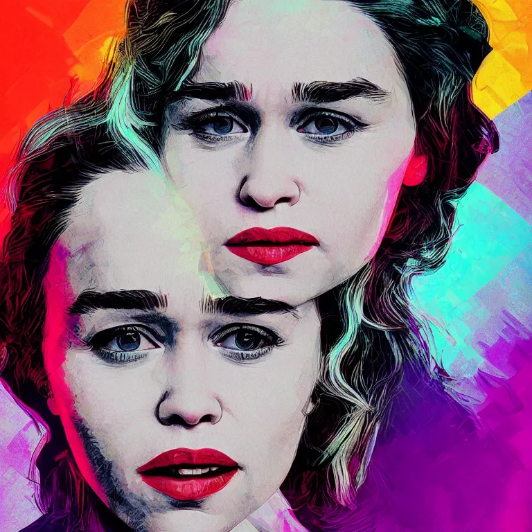 Prompt: Pop-art portrait of Emilia Clarke in style of glitchcore, photorealism