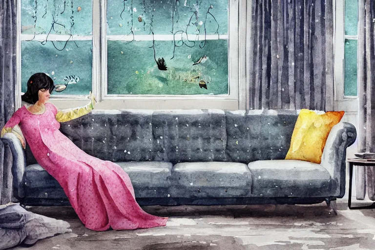 Prompt: charming and chubby huge fish, wearing a polka dot cloths and, lye on the fancy sofa, in the large and bright studio. sunlight enters through the barred window. delicate watercolor and pencil on canvas. beautiful lighting, 4 k post - processing, highly detailed, 5 k extremely detailed, 3 d. cinematic scene.