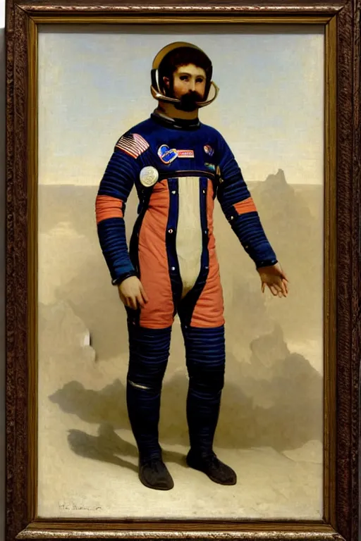 Image similar to a portrait of a male astronaut, wearing a spacesuit and helmet, by bouguereau