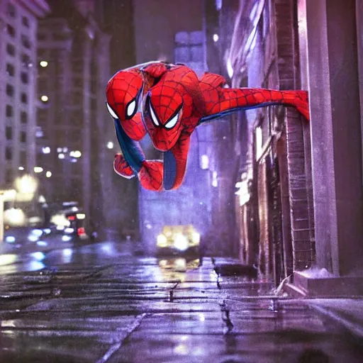 Prompt: photograph of andrew garfield spider - man, cinematic, photorealistic, city, night, rain