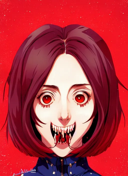 Prompt: beautiful anime vampire girl Alison Brie sharp teeth, red glowing hair, smiling, full body, symmetrical face symmetrical eyes, blurry background, Jamie McKelvie comic art, Alexandra Fomina artstation, face by Ilya Kushinov style, style by Loish, Norman Rockwell, painterly style, flat illustration