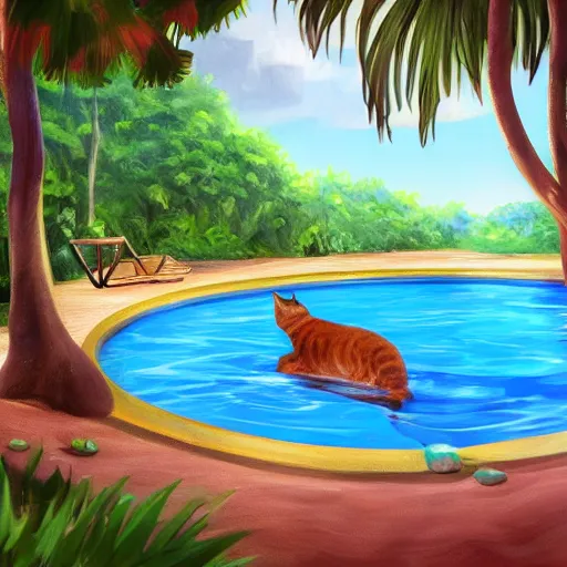 Image similar to swimming pool in the middle of the jungle a cat and a dog playing around , empty beach chair , highly detailed, digital painting, artstation, concept art