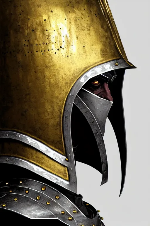 Prompt: man looking forward in iron decorated with gold baroque style christian crusader plate armor, cylindrical crusader great helm covering all his head and white cape covering most of his body standing at the gates of jerusalem drawn by greg rutkowski realistic high detail