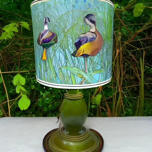 Prompt: beautiful victorian art nouveau duck lampshade, river reeds duckweeds close up abstract mallard feathers, mucha tiffany kilian eng