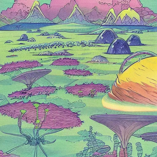 Prompt: the landscape of an alien planet with strange plants and animals. Hand drawing in the style of Miyazaki. Beautiful and colorful.