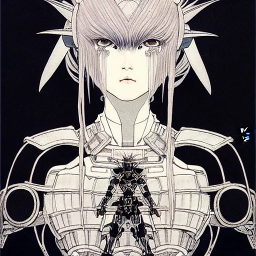 Image similar to prompt : black and white portrait soft light painted by takato yamamoto, tiara mecha attributes and armor, inspired by ghost in shell anime, smooth face feature, intricate oil painting, high detail, sharp high detail, manga and anime 1 9 8 0