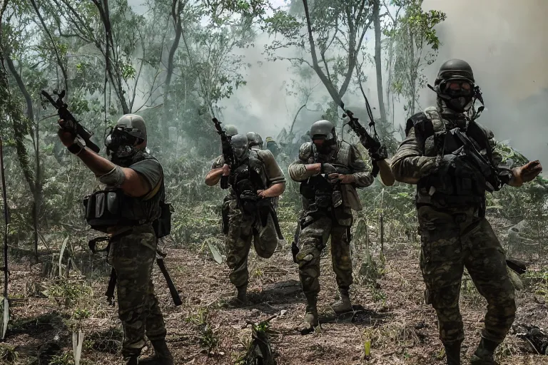 Prompt: Mercenary Special Forces soldiers in grey uniforms with black armored vest and black helmets assaulting a burning jungle in 2022, Canon EOS R3, f/1.4, ISO 200, 1/160s, 8K, RAW, unedited, symmetrical balance, in-frame, combat photography, colorful