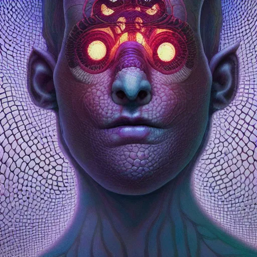 Image similar to fungus labyrinth mohawk scales projector portrait by gaston bussierre and charles vess and james jean and erik jones and rhads, inspired by rick and morty, epic, funny, huge scale, beautiful fine face features, intricate high details, sharp, ultradetailed