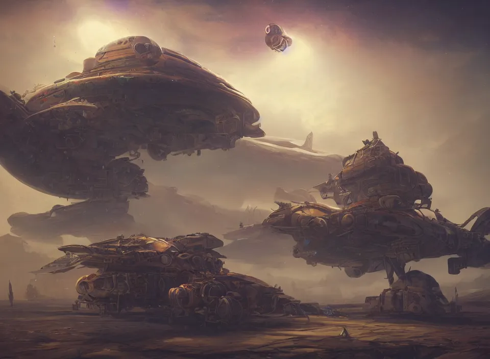 Image similar to colossal crashed dieselpunk space ship on desert planet by peter mohrbacher, firefly, unreal engine 5, extreme detail, hyper realism, realistic shading, cinematic composition, realistic render, octane render, detailed textures, photorealistic, colorful, raytracing