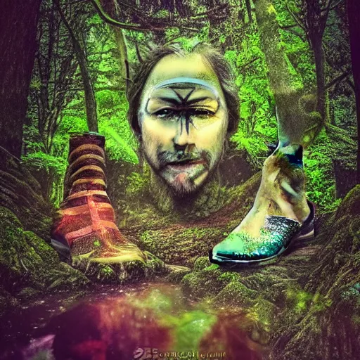 Image similar to gods in forest, three eyed, wide shot, feet in water, vivid colors, foreheads with eyes, ground very detailed, wet eyes reflecting into eyes reflecting into infinity, natural lighting