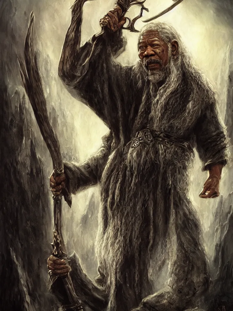 Image similar to morgan freeman starring as gimli in lord of the rings, full body, epic dark fantasy horror stylized oil painting by ivan shiskin. trending on artstation