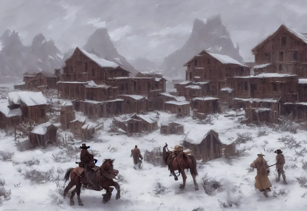 Image similar to greg manchess painting of a wild west abandoned town landscape in winter with no person nor horse in the painting only buildings in the year 1 8 5 0, nobody living there, snow storm, grey sky, painting, trending on artstation, by huang guangjian and gil elvgren and sachin teng