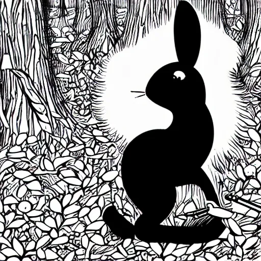 Image similar to black - and - white line art illustration of a playful, wry rabbit deep in a tangled forest, smoking a cigarette, with smoke rising, whimsical masterpiece