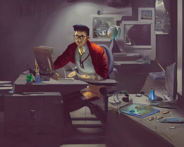 Image similar to an insanely detailed painting of a nerdy asian man wearing a superhero costume, sitting at a desk, staring at the nervously at the computer and typing, in the style of peter mohrbacher, dramatic lighting and composition, octane render, pixar, trending on artstation, concept art, comic book, view from behind