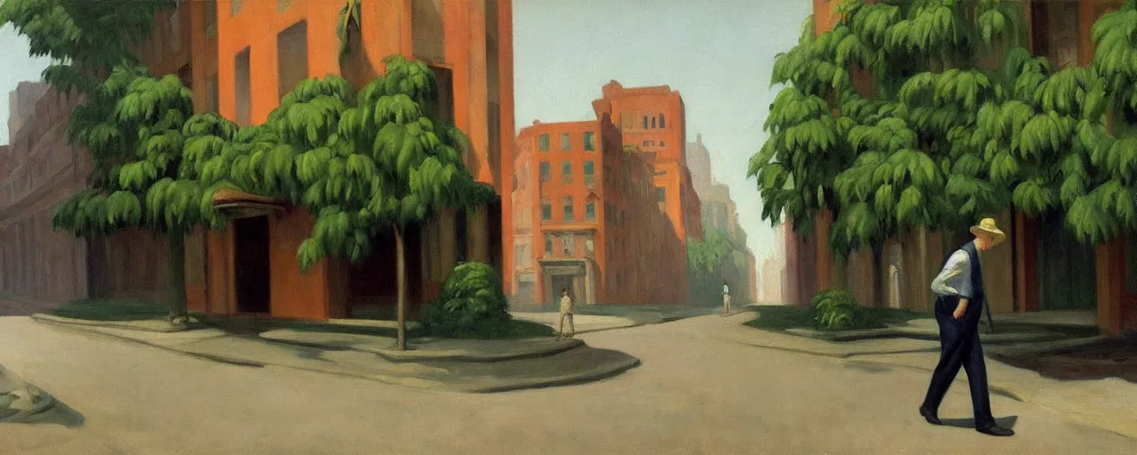 Image similar to oil painting of a man wandering the abandoned streets of city and the buildings are covered in plants and vines, edward hopper.