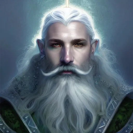 Image similar to Portrait of an Aasimar Paladin with glowing blue eyes, pale grey skin, silver full beard, and silver hair. He has a sword and wears green mossy armor. Epic fantasy art, award winning on Artstation, intricate, elegant, highly detailed, digital painting, art by artgerm and greg rutkowski and alphonse mucha.