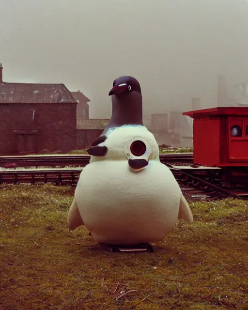 Image similar to giant oversized chubby bulky armored train penguin robot mech, with big penguin head , rocket launcher , on a village , Cinematic focus, fujicolor photo, vintage, neutral colors, soft lights, foggy, panorama by by Serov Valentin, by lisa yuskavage, by Andrei Tarkovsky