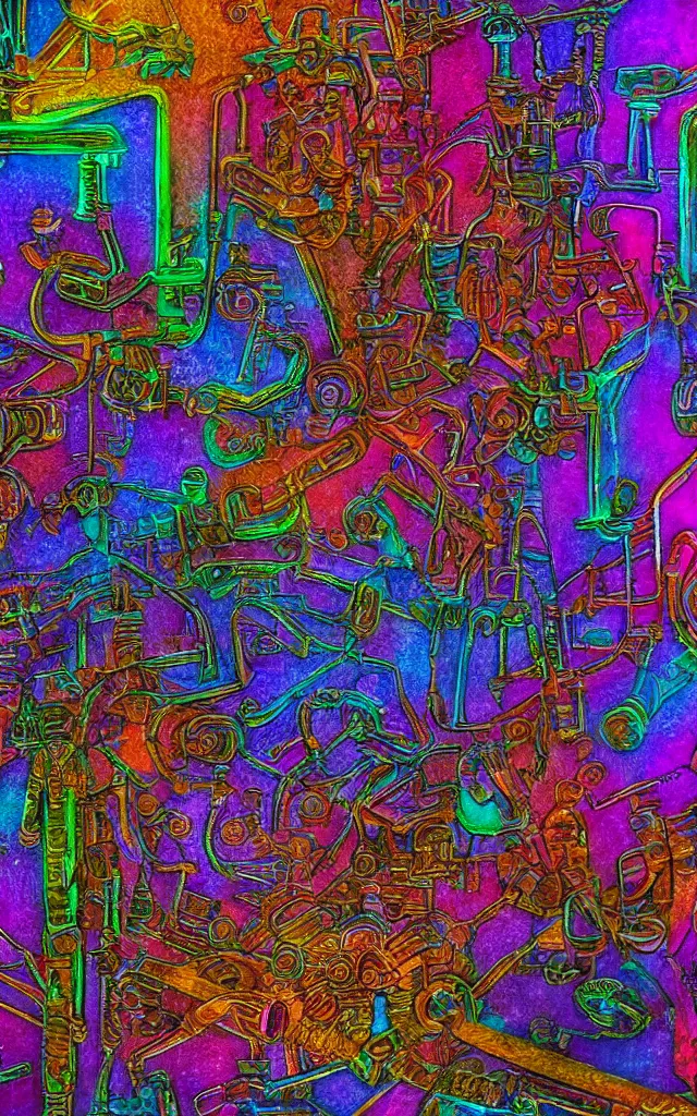 Image similar to mechanical sarcophagus made of iridescent metal strange glyphs, award winning oil painting, chromatic aberration midnight color palette