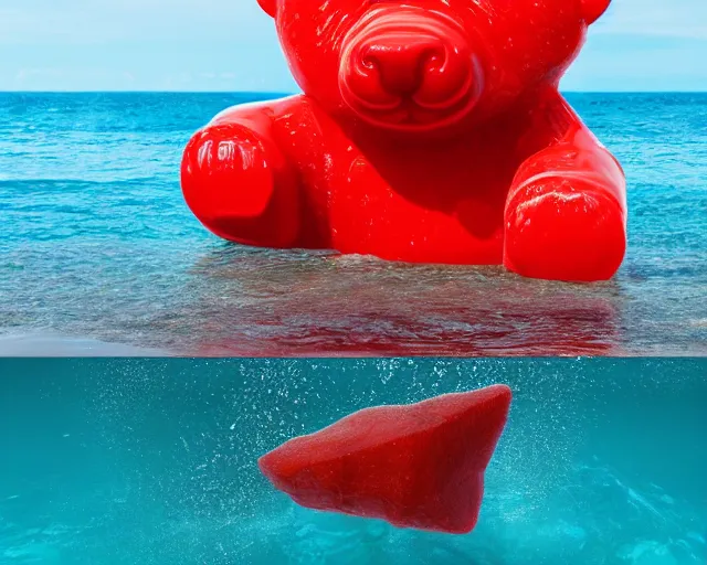 Prompt: a giant sculpture of a giant gummy bear on the ocean water, award winning, hyper - realistic, very detailed, realistic water, water splashes, ray tracing, 8 k resolution, long - shot, sharp focus, low angle, 8 5 mm photograph, wide lens