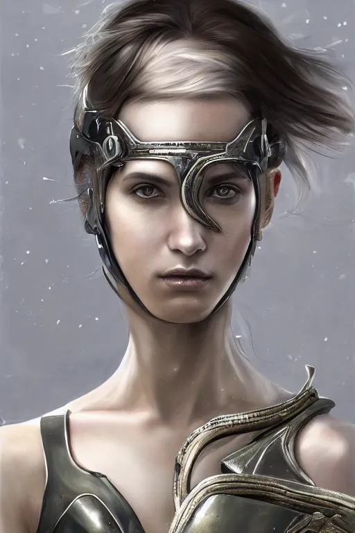 Image similar to a photorealistic painting of an attractive young girl, partially clothed in metal-plated battle armor, olive skin, long dark hair, beautiful bone structure, symmetrical face, perfect eyes, intricate, elegant, digital painting, concept art, illustration, sharp focus, minimal artifacts, from Metal Gear, in the style of Ruan Jia and Mandy Jurgens, by Greg Rutkowski, trending on Artstation, award winning