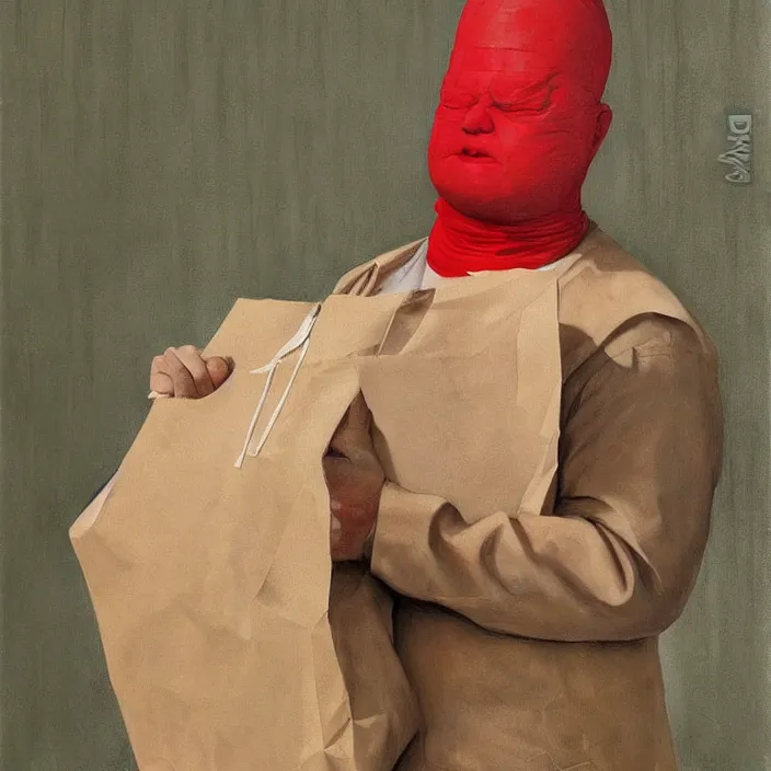 Prompt: melting old fat man portrait with a white paper bag over the head, dressed in red paper bags, holding stack of green paper bags, highly detailed, artstation, art by edward hopper, zdislav beksinski, wayne barlowe, edward hopper