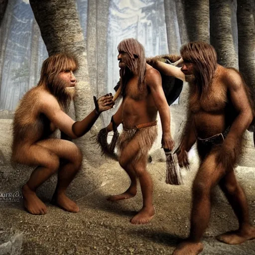 Image similar to Neanderthal meeting modern human, discovery of extant tribe of Homo neanderthalensis, Caucasus region, award-winning photography