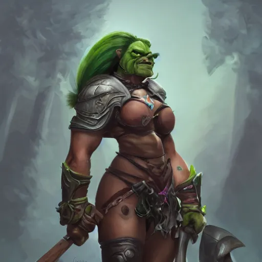 Image similar to a full bodied character portrait of a buff green orc warrior woman in full plate armor bald with a ponytail, by astri lohne, trending on artstation