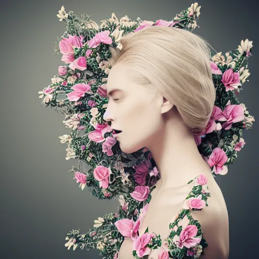 Image similar to beautiful blonde lady in a 3D flower dress , hyperrealistic, ultra detailed, octane render, symmetric, 3d, majestic, dark fantasy, intricate