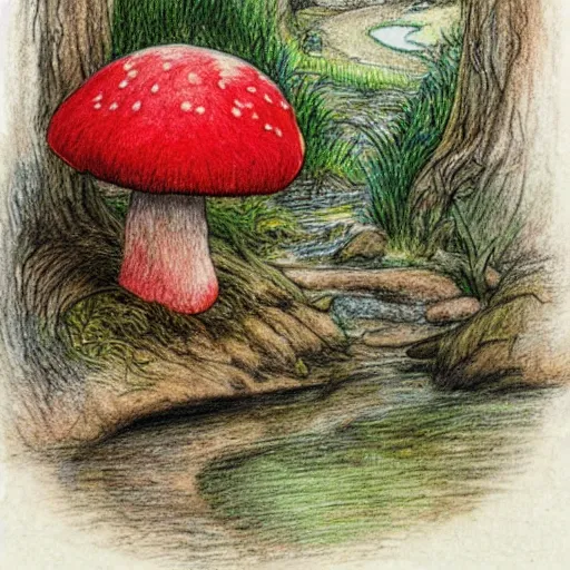 Prompt: illustration of a wooded scene with a small stream in the distance and a red mushroom in the foreground, coloured pencil drawing, highly detailed, beatrix potter