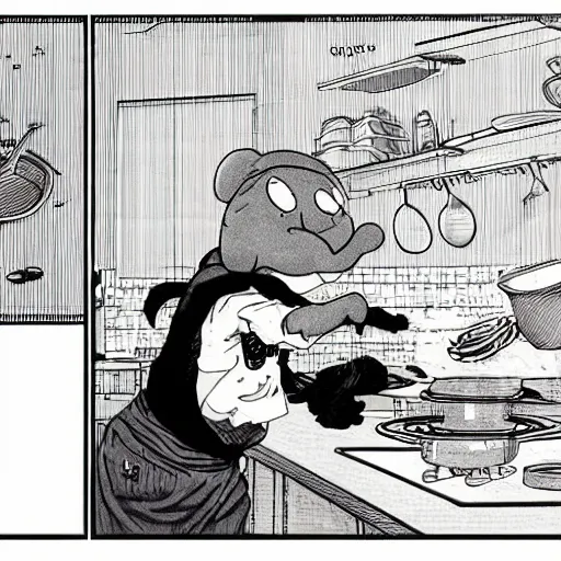 Image similar to evil anthropomorphic cookie cooking a bunch of cookies, in the kitchen, in vagabond manga by takehiko inoue, black ink