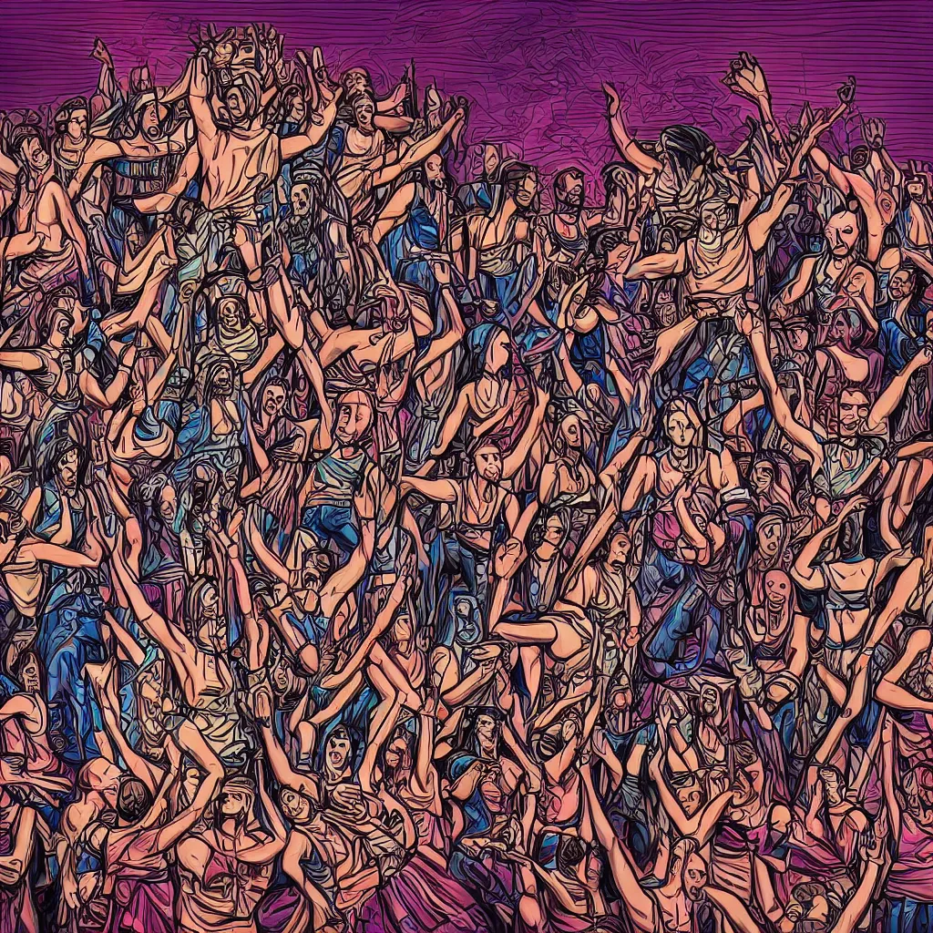 Image similar to a wooden slavic totem of piorun god surrounded by dancing people, synthwave style digital art picture