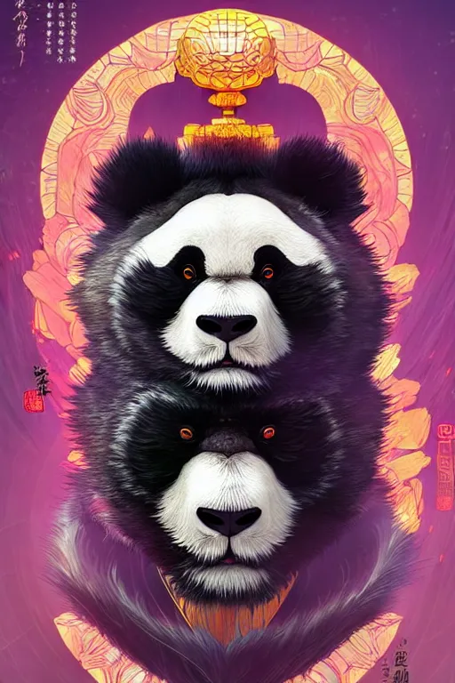 Image similar to a beautiful hyperdetailed character design of a cute panda with a chinese lion dance head victo ngai cyberpunk style, from china, style of studio ghibli, makoto shinkai, raphael lacoste, louis comfort tiffany, artgerm, james jean, ross tran, chinese style