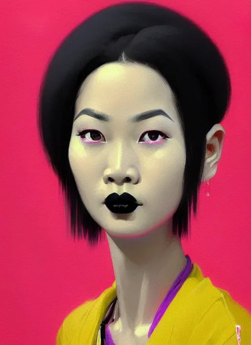 Prompt: portrait of a thai woman with crooked nose and a confident expression, 1 9 6 0 s, black clothes, goth, punk, brightly coloured hair, funk, intricate, elegant, highly detailed, digital painting, artstation, concept art, smooth, sharp focus, illustration, art by wlop, mars ravelo and greg rutkowski