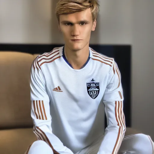 Image similar to a realistic detailed photo of a guy who is an attractive humanoid who is half robot and half humanoid, who is a male android, soccer player martin ødegaard, shiny skin, posing like a statue, blank stare, in a living room, on display, showing off his muscles