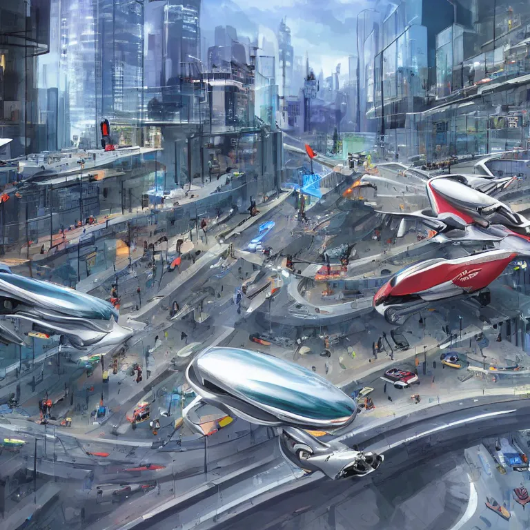 Prompt: flying cars in the city some stop at stations, concept art