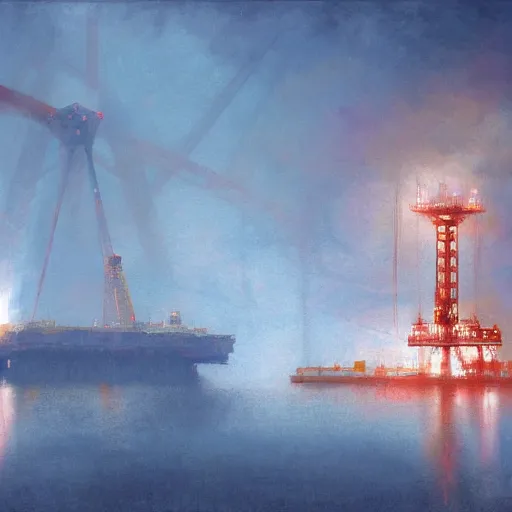 Prompt: a giant glowing butterfly perches on an oil platform in the misty morning, by craig mullins