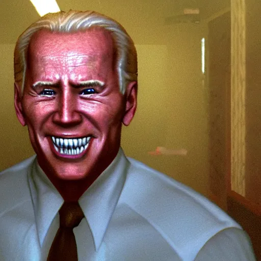 Image similar to silent hill pt with joe biden high detail scary menacing grin evil and large teeth in the fox engine