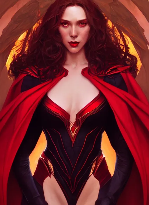 Image similar to Scarlet Witch as Lucifer morningstar, portrait, full body, hyper detailed, trending on artstation, art by wlop and J. C. Leyendecker and Edmund Bliar Leighton and Charlie Bowater