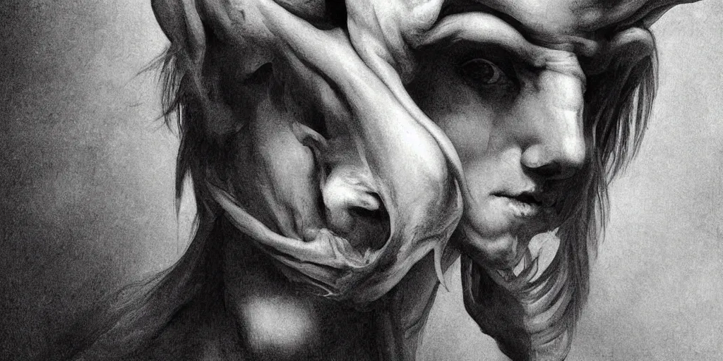 Image similar to highly detailed symetric black and white photography of a face with pointed horns, beautiful, dark, masterpiece, art by durero, goya, rubens, riccardo federici, roberto ferri, james jean, illustration