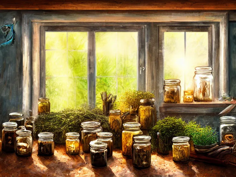 Image similar to expressive rustic oil painting, interior view of a cluttered herbalist cottage, waxy candles, jars on wall, wood furnishings, herbs hanging, light bloom, dust, ambient occlusion, morning, rays of light coming through windows, dim lighting, brush strokes oil painting