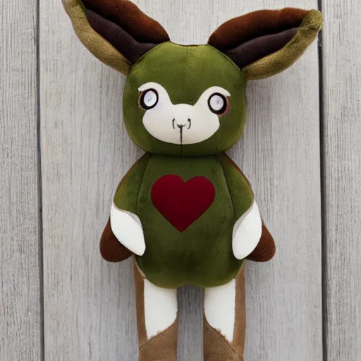 Prompt: a portrait of a cute deer plush doll with forest background