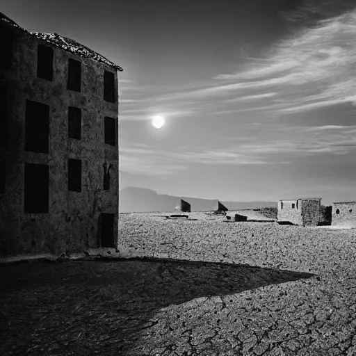 Prompt: A painting of the sun rising over a barren village. Dark Fantasy. Film Noir. Back and White. High Contrast.